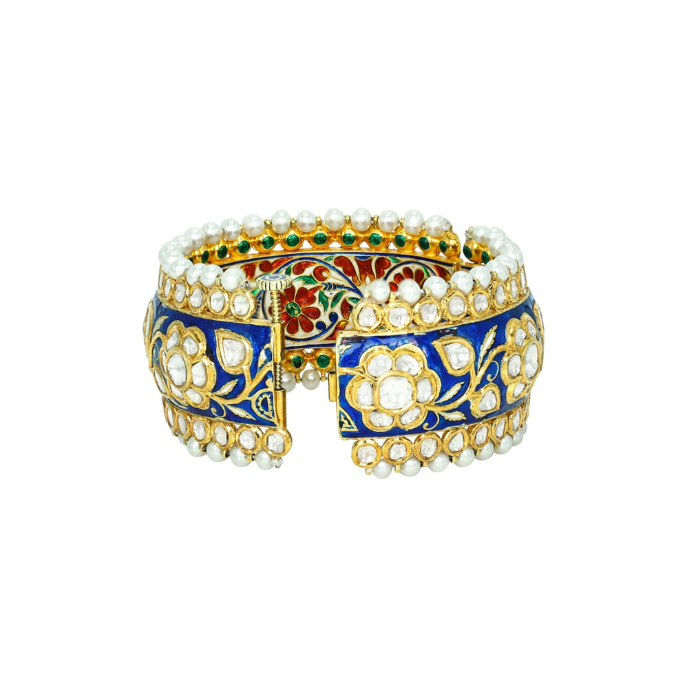 Indigo Enamel Bangle with Polki Florals and Pearl Edges